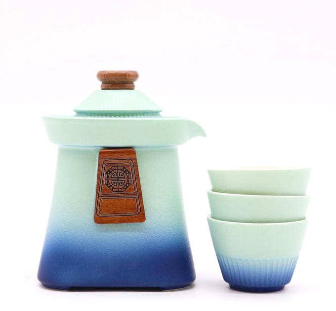 Temple theepotset & drie kopjes - Blue Heaven - cadeau geschenkset vrouwen geschenkset mannen