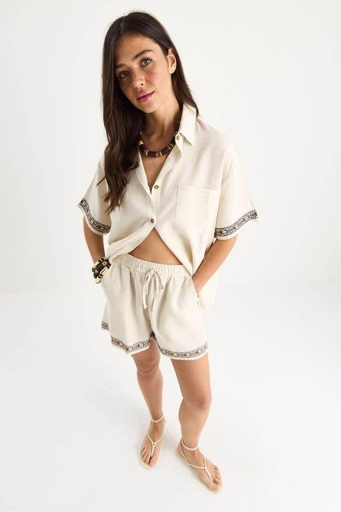 Geborduurde Kraagshirt Twee-Delige Set
