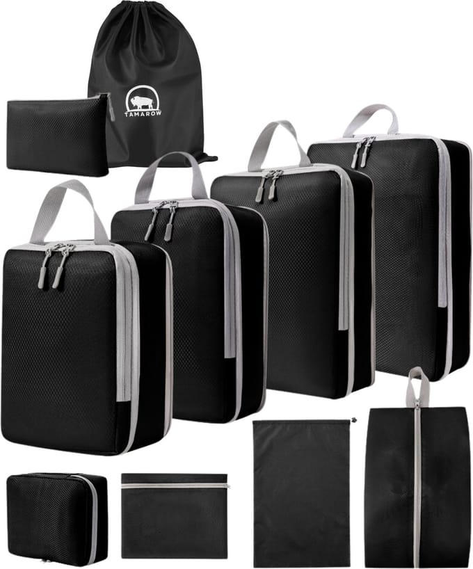 Tamarow Packing Cubes Set 10 Delig - Bagage Organizers - Travel Backpack Organizer - Kleding Organizer - Zwart