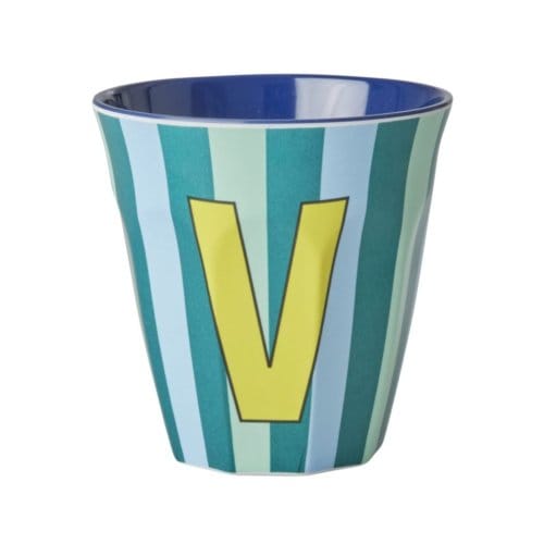 Rice melamine beker medium gestreept letter v, blauw