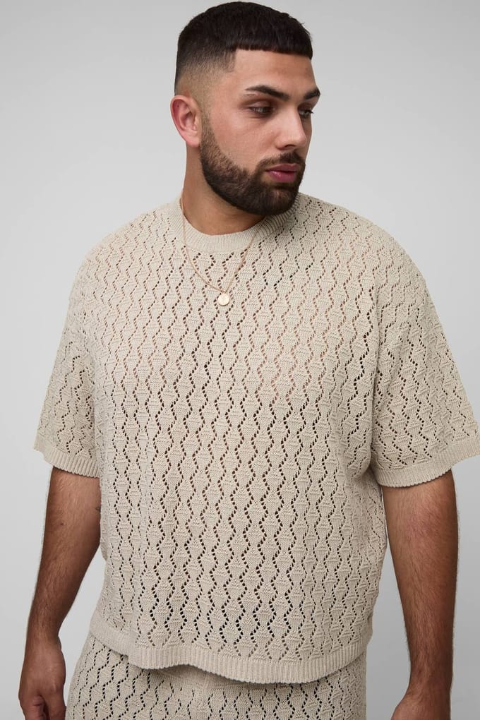 Plus Oversized Boxy Zig Zag Crochet T-Shirt & Short Set | Natural | Size 2XL