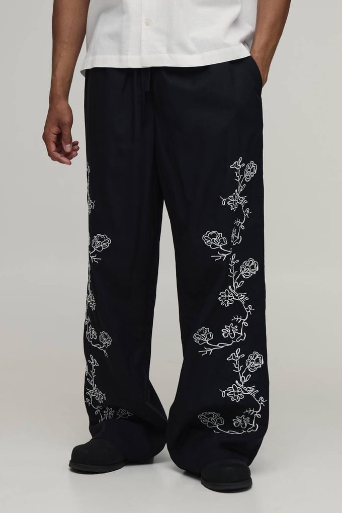 Wijde Linnen Blend Broek Met Geborduurd Naaddetail | Black | Size Large