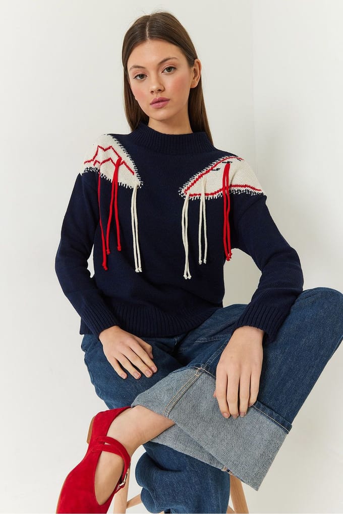 Franje Ronde Hals Patroonsweater