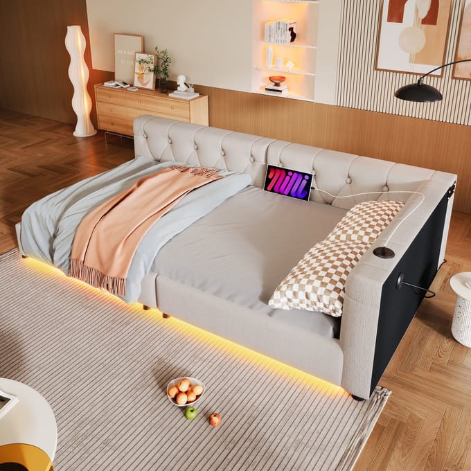MODFU Ledikant 90x200 cm – Gestoffeerd linnen met knoopdetail – Met LED en USB/Type-C – Modern dagbed – Beige
