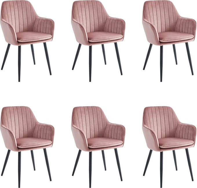 Colenis® - Lavinia Eetkamerstoel - Set Van 6 - Roze - Velvet - Industrieel - Met armleuning