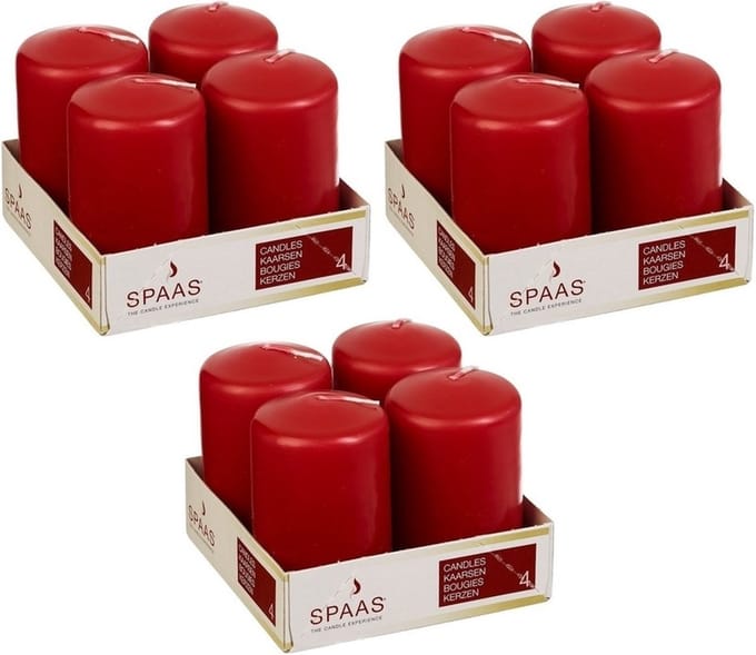 Spaas Stompkaarsen/zuilkaarsen - set van 12x - rood - D5 x H8 cm - 12 branduren
