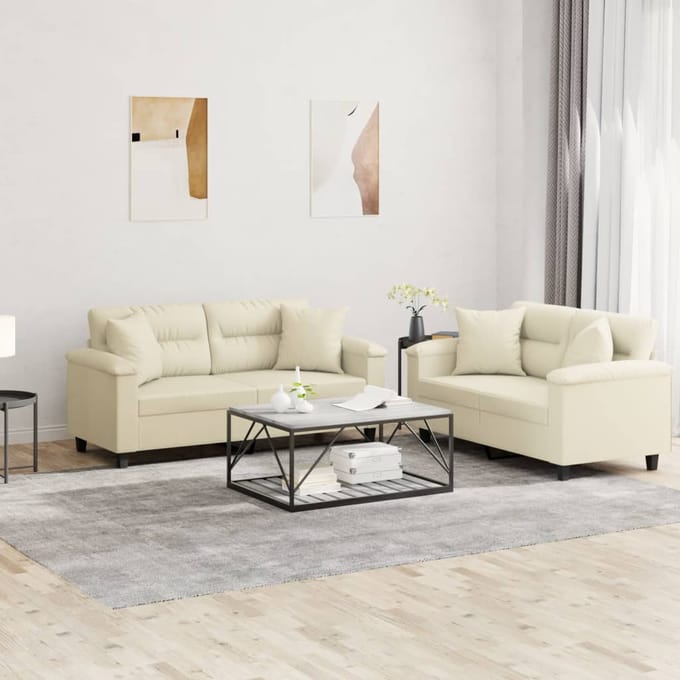 vidaXL - 2-delige - Loungeset - met - kussens - kunstleer - crèmekleurig