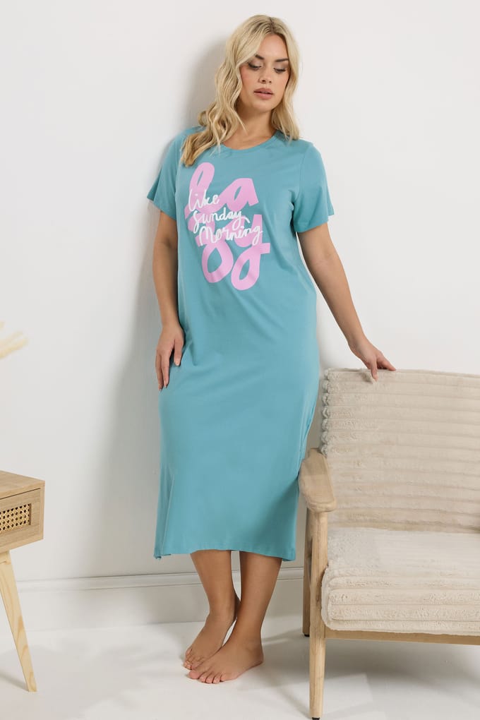 Yours Set Van 2 Blauwe Midaxinachthemden 'Lazy Like Sunday Morning' Size 62-64