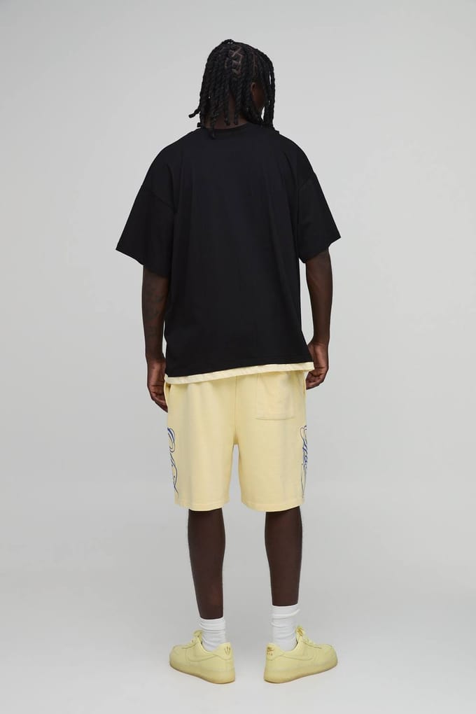 Regular Fit Slogan Gewassen Loopback Jersey Short | Yellow | Size Medium
