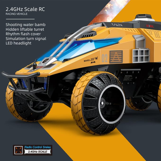 Voiture de détection de Mars 1/12 RC pour enfants, véhicule spatial RC, ascenseur caché, bombe à eau, tir, conquête 2 battery jaune