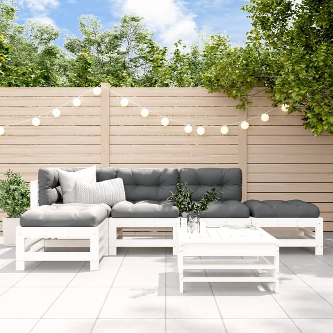 vidaXL - 6-delige - Loungeset - met - kussens - massief - hout - wit
