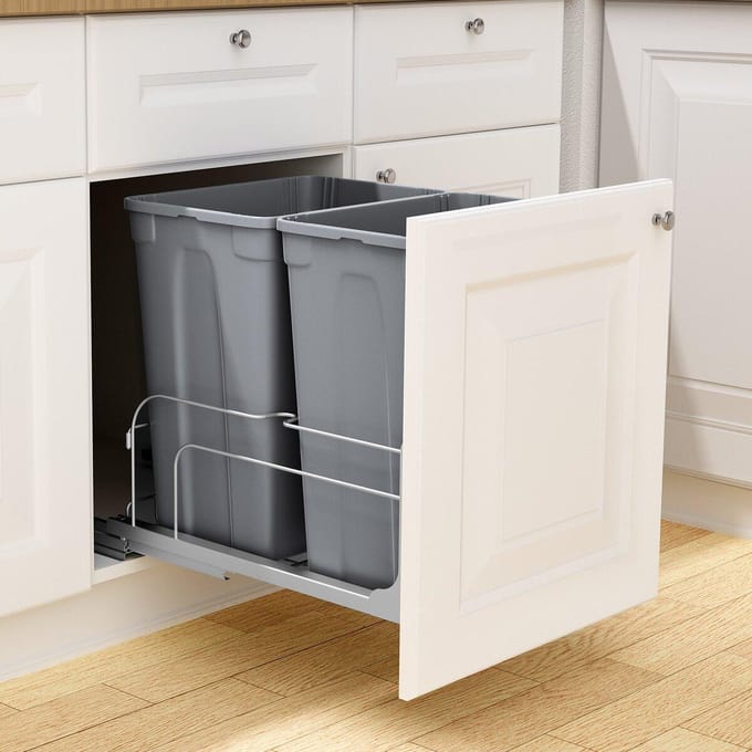 Conteneur à déchets à double extraction Poubelle de cuisine Fermeture douce Gris 35QTx2