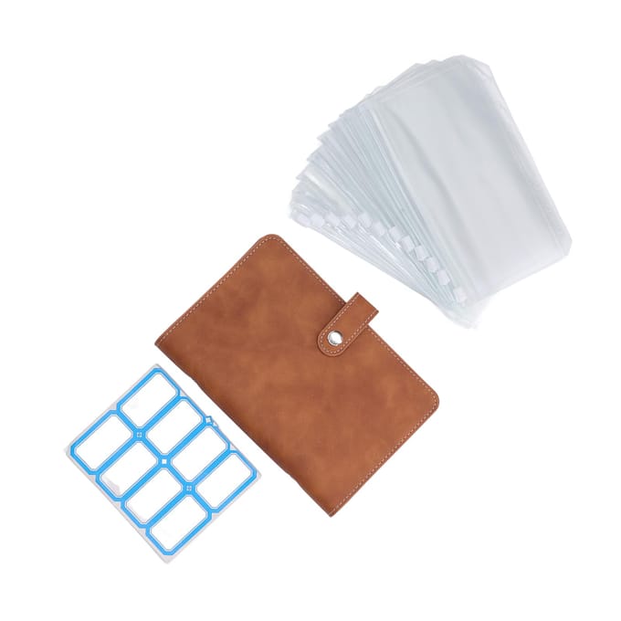 Cash Binder A6 Draagbaar Formaat PU Leer 6 Voorgeperforeerde Gaten Budget Binder met 12 Transparante Ritszakken bruin