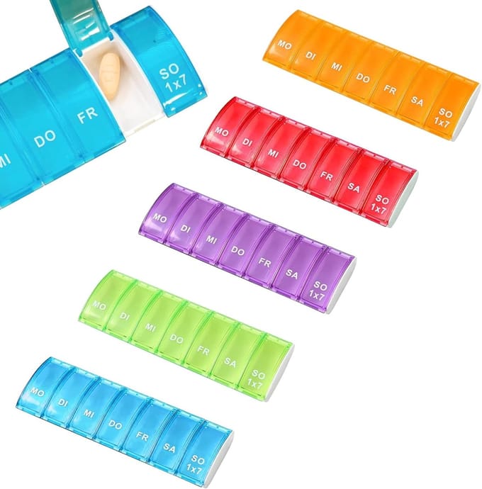 5 stuks Pill Boxes 7 Days Mini Tablet Box Small Plastic (PP) Portable Medicine Box for Travel, Work, Holiday，Meerdere kleuren