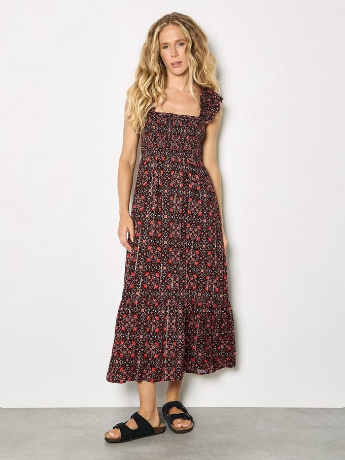 Midi-jurk met folkbloemenprint en metallic details