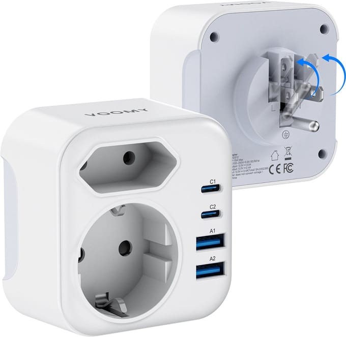Voomy Reisstekker Amerika/USA - Wereldstekker Type B - Met 2 Stopcontacten - 2 USB-C & 2 USB-A - Wit