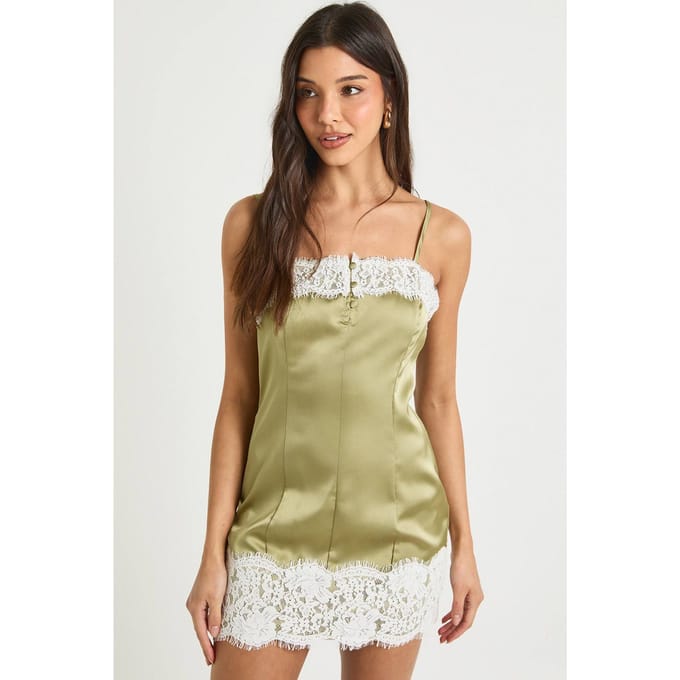 boohoo Dames Satijnen Slip Mini Jurk met Kanten Afwerking | Olive | Maat: 14