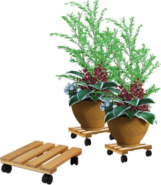 Driemaal Stevige Plantenroller Hoekig van Massief Beukenhout voor Zware Potten