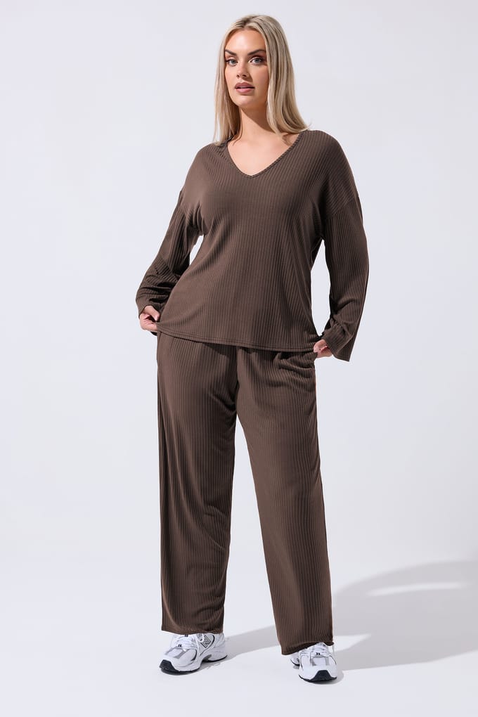 Limited Collection Bruine Geribbelde Top Met Vhals Size 48