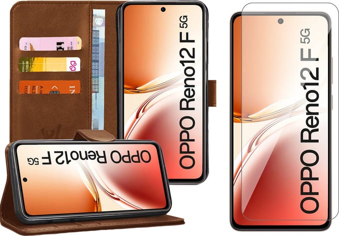 Hoesje geschikt voor Oppo Reno 12F / 12FS - Screenprotector Glas - Portemonnee Book Case Bruin