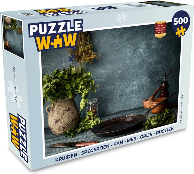 Puzzel Kruiden - Specerijen - Pan - Mes - Grijs - Rustiek - Legpuzzel - Puzzel 500 stukjes