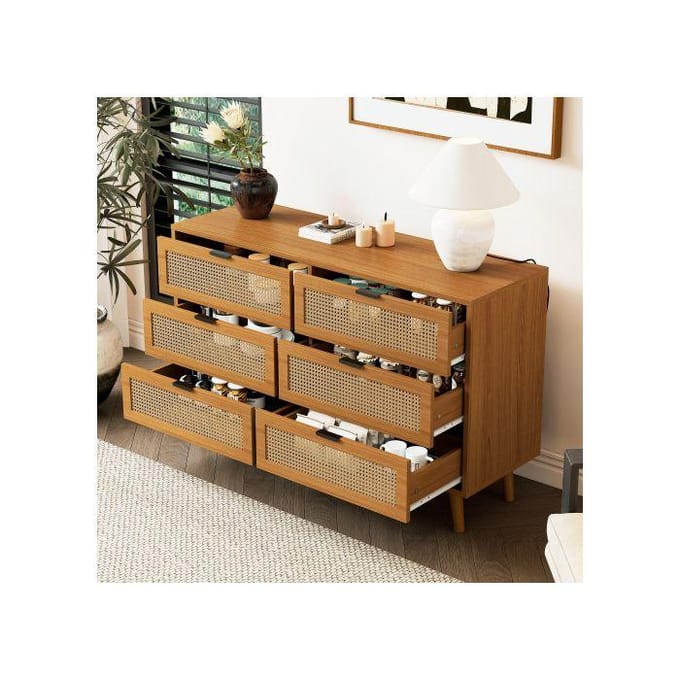 Commode - MUVOE - Vintage - 6 tiroirs - Bois - Poignées en métal - L120/H76.5/T40 cm