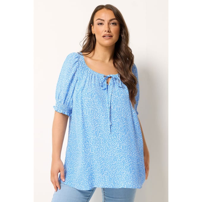 Yours Blauwe Blouse Met Bloemenprint En Striksluiting Size 46