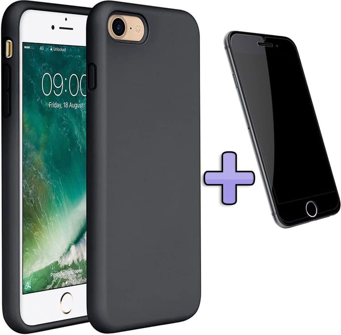 HB Hoesje Geschikt voor Apple iPhone 7 / 8 - Siliconen Back Cover / Glazen Screenprotector - Zwart