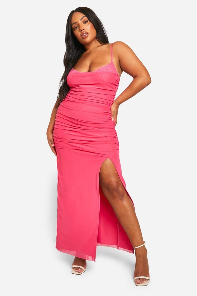 boohoo Dames Plus Lace Power Mesh Bandage Jurk | Felroze | Maat: 52