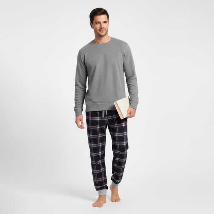 La V pyjamaset voor heren met flanel joggingbroek Grijs S