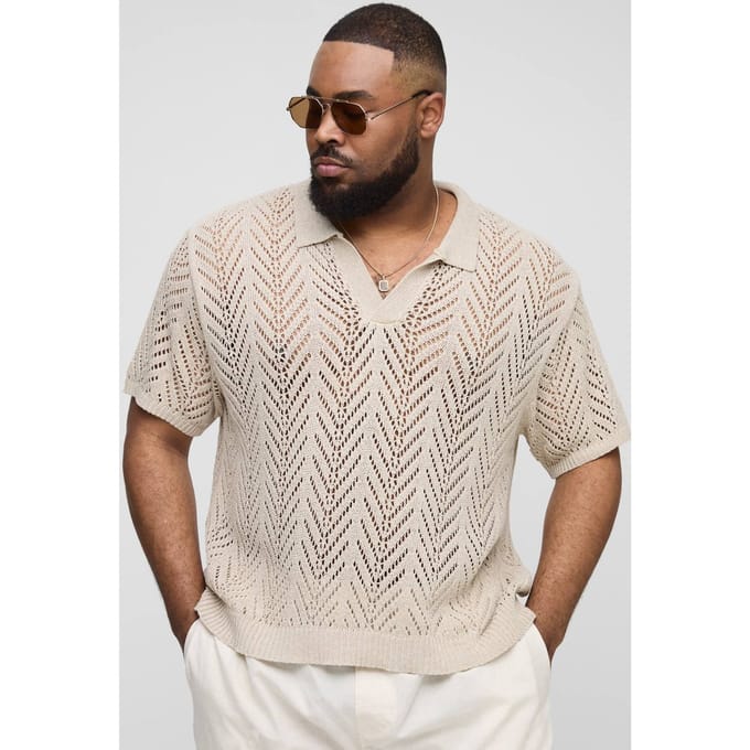 Plus Boxy Oversized Knit Polo T-Shirt | Taupe | Size 3XL