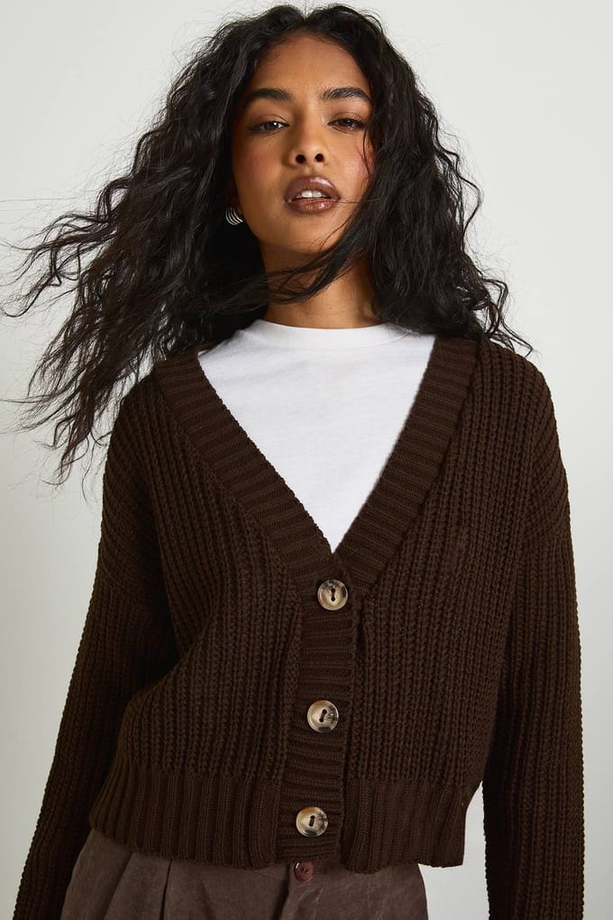 boohoo Dames Chunky gebreide cropped cardigan | Chocolate | Maat: Large