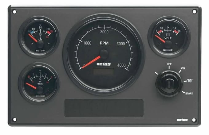 VETUS MP34KBS2 Motorinstrumentenpaneel - 12V, 4 zwarte meters, IP64 | MP34KBS2