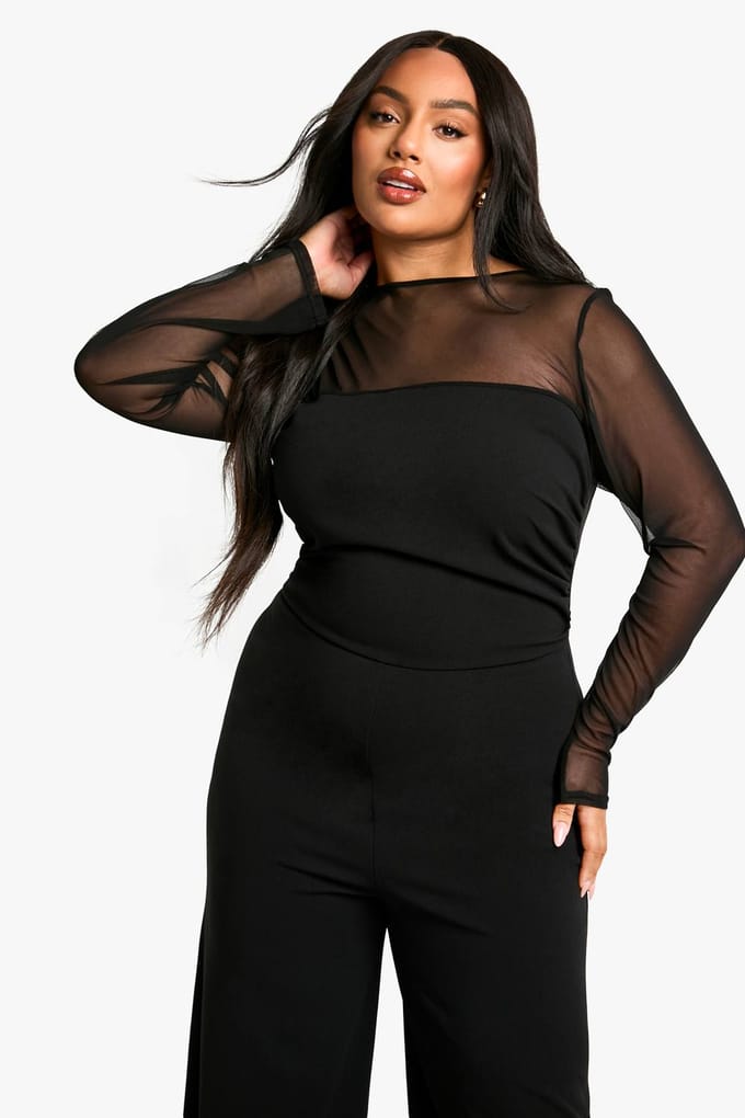boohoo Dames Plus Mesh Gerafelde Jumpsuit met Wijde Pijpen | Black | Maat: 24