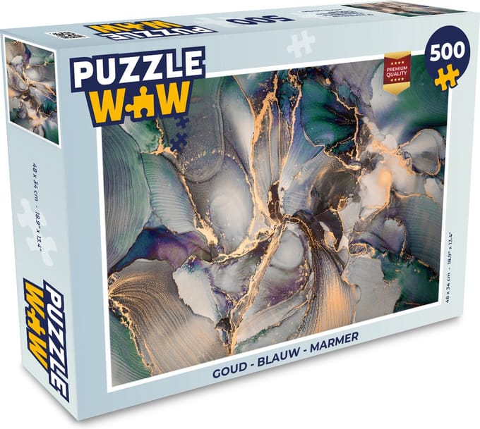 Puzzel Goud - Blauw - Marmer print - Legpuzzel - Puzzel 500 stukjes