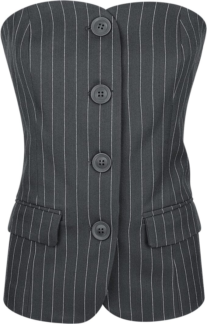 Gimme - Pinstripe Corset Top – Gestreept Korset – Modieuze Mouwloze Top met Gestructureerde Look - Grijs - Maat M