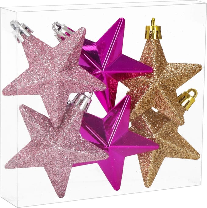 Springos Kerstballen | Sterren | 6 Stuks | Goud/Roze