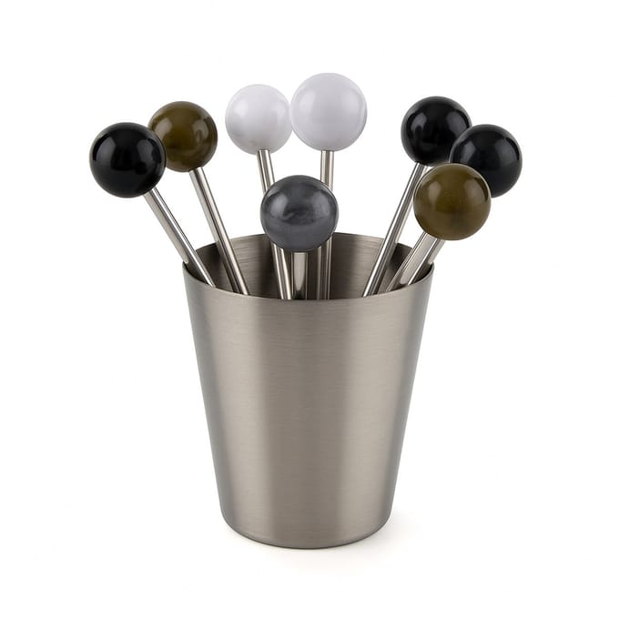 Herbruikbare Cocktail Prikkers met Potje – 12 Luxe Picks – RVS – Zwart, Wit & Goud