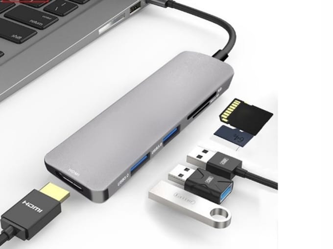 USB-C Hub Adapter 6-in-1 met Type-C Kabel naar 4K UHD HDMI Converter - SD Kaart slot - USB 3.0