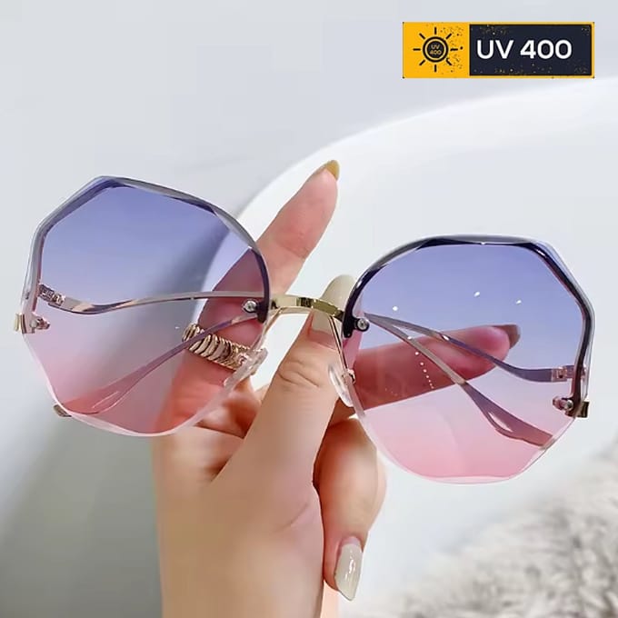 Lagloss® Randloze Gradiënt Dames Zonnebril – Trend Hexagon Vorm in Gradiënt Blauw Rose – UV400 Modebril