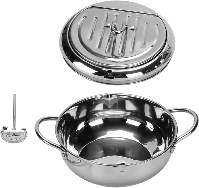 Frituurpan RVS - Olie Filterpan - Thuis Frituren - Met Temperatuurmeter - 24cm Diameter - Zilver