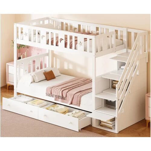 ModernLuxe Kinderstapelbed 90x200 cm - massief hout - met opbergtrap en 2 lades - Wit