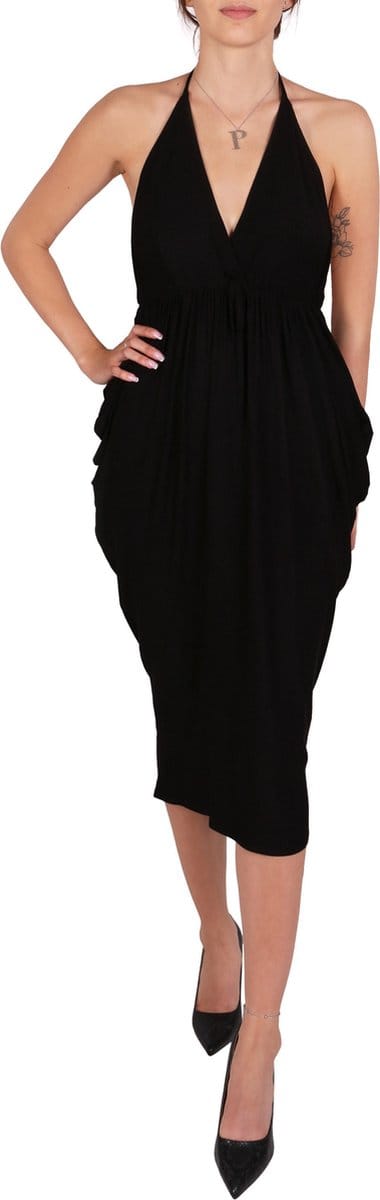 John Zack - Zwarte Midi-Jurk met Open Rug / M-L