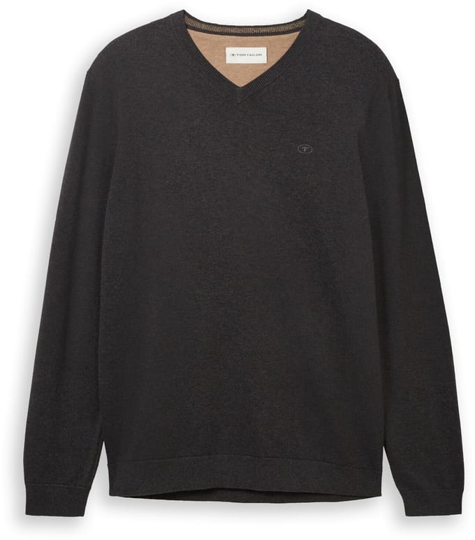Tom Tailor - Gebreide trui met V-hals - Maat M - Black Grey Melange