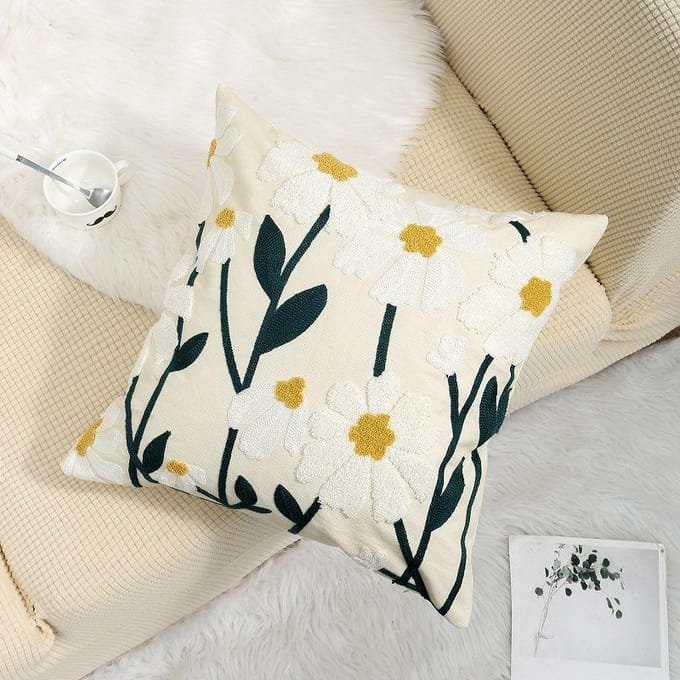 Serviette brodée Housse de coussin Fleur Lin Simple Canapé Tête de lit Taie d'oreiller Housse de coussin de bureau 45x45cm 45x45cm beige