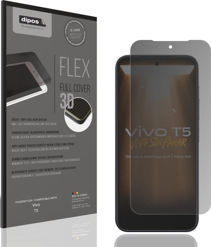 dipos FLEX – Matte Privacy Screenprotector geschikt voor Vivo T5 | Volledige Schermbescherming | Case-Friendly
