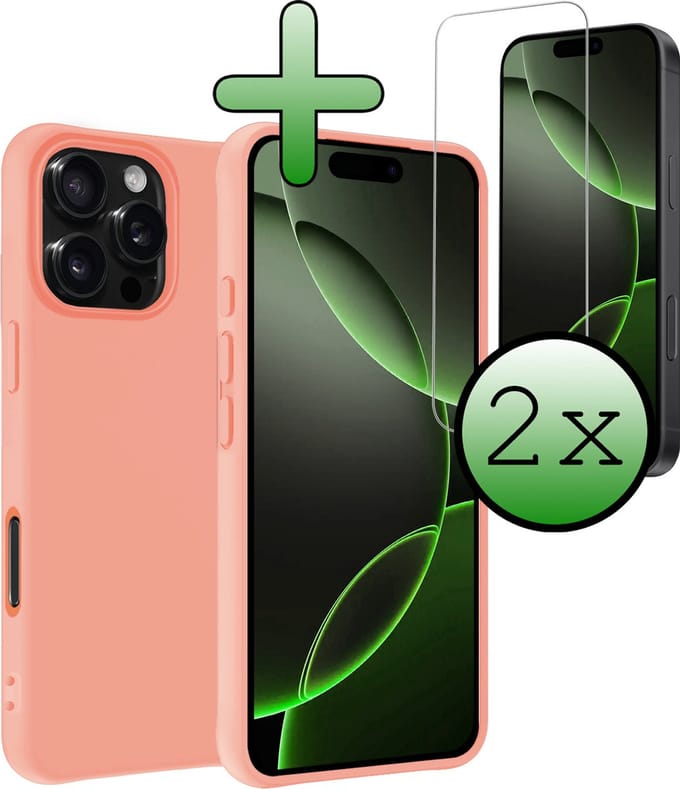 Hoesje Met 2x Screenprotector - Geschikt voor Apple iPhone 16 Pro Max - Sterk & Shockproof - Back Cover - Siliconen Case - Telefoon Hoes - Perzik