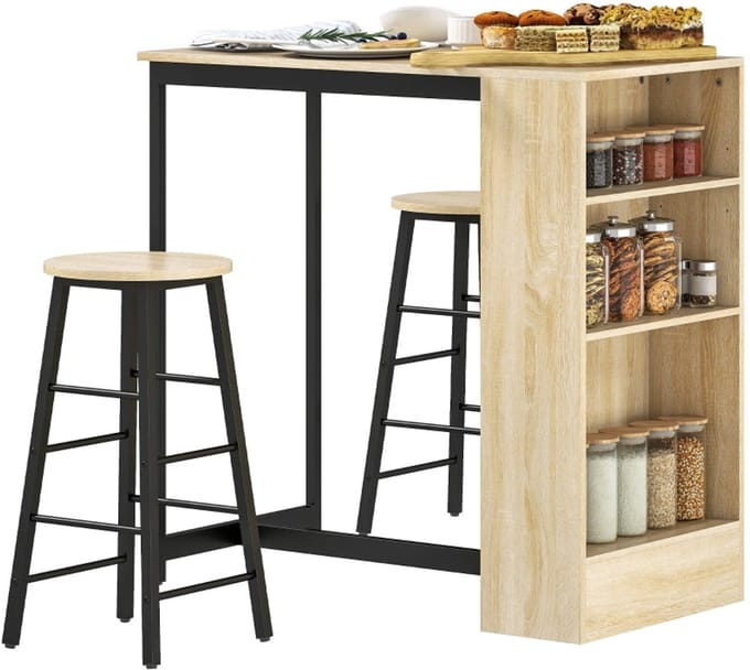 Merax Bartafel Set - Bartafel Met Opbergruimte - 2 Barkrukken Met Voetsteun - Modern Industrieel - Stalen Frame - Eikenlook - Zwart