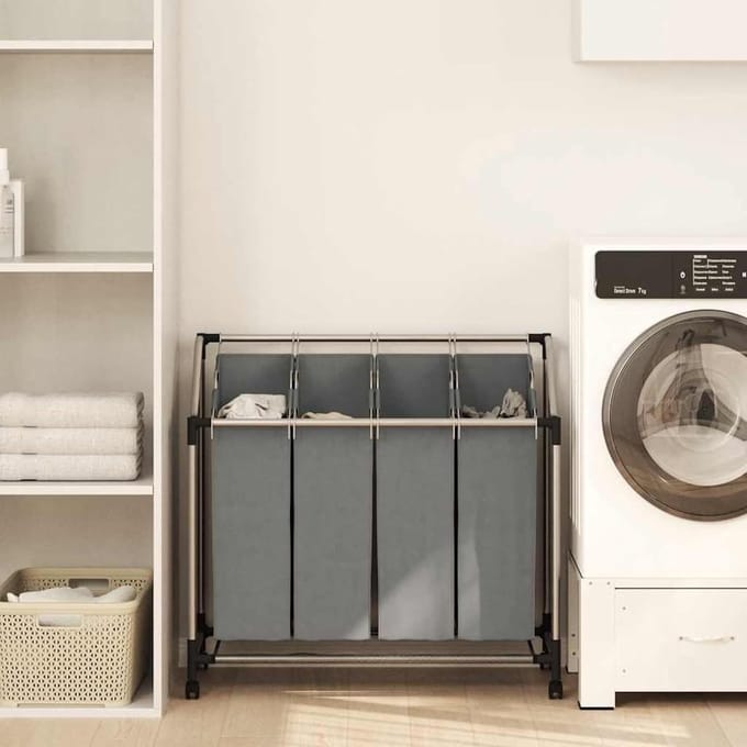 Wasmand Met Wielen - Sorteren Opbergen - Laundry Sorteren - Vier Compartimenten - 96 x 40 x 92 cm - Grijs