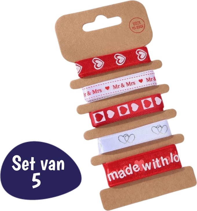 Cadeaulint - 5 stuks - Wit & Rood - Valentijn versiering - Inpaklint